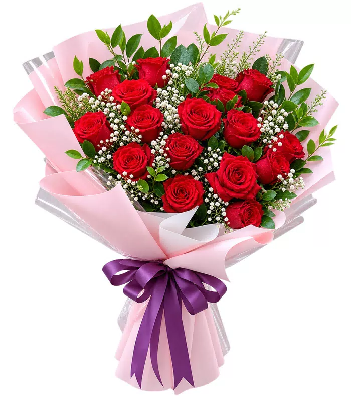 Bó hồng đỏ nơ tím