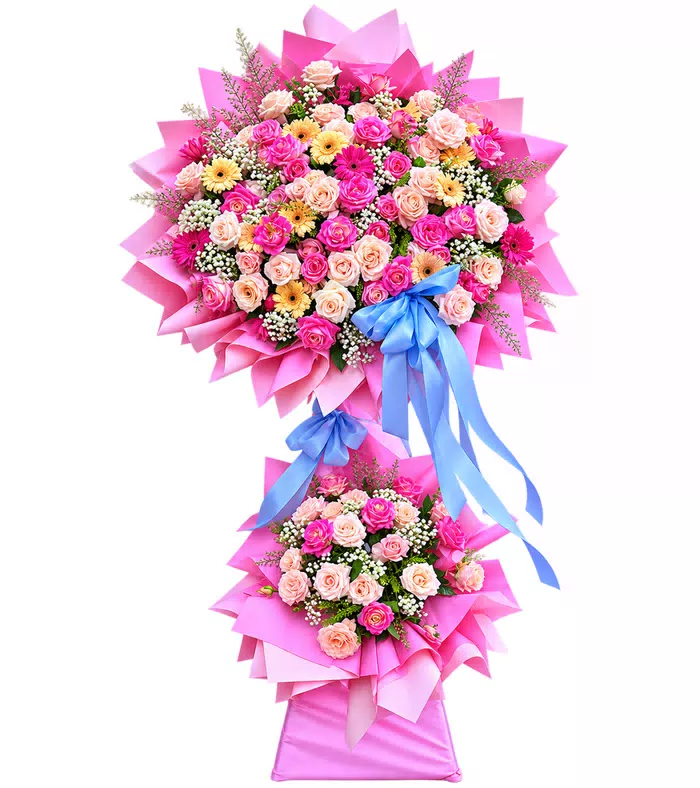 Kệ khai trương hồng phấn hai tầng, giấy hồng và nơ xanh