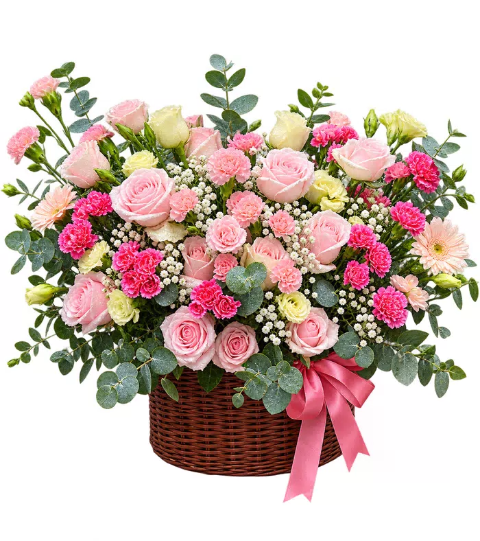 Giỏ hồng phấn phối cẩm chướng, giỏ nâu