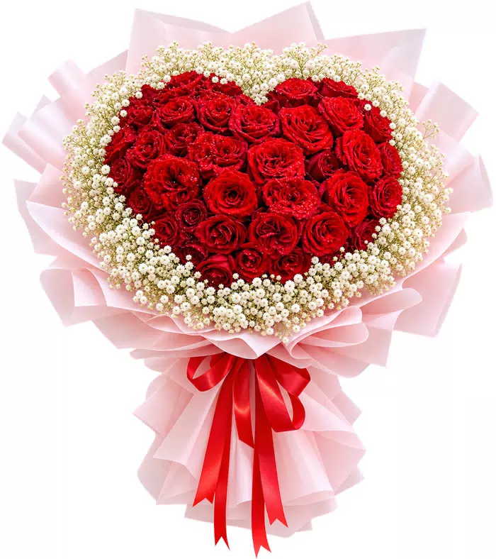 Bó hồng trái tim gói hồng, nơ đỏ