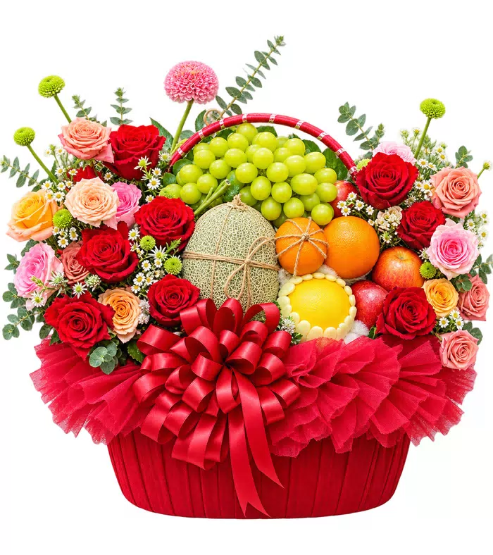 Giỏ trái cây hoa hồng đỏ, lưới và nơ đỏ