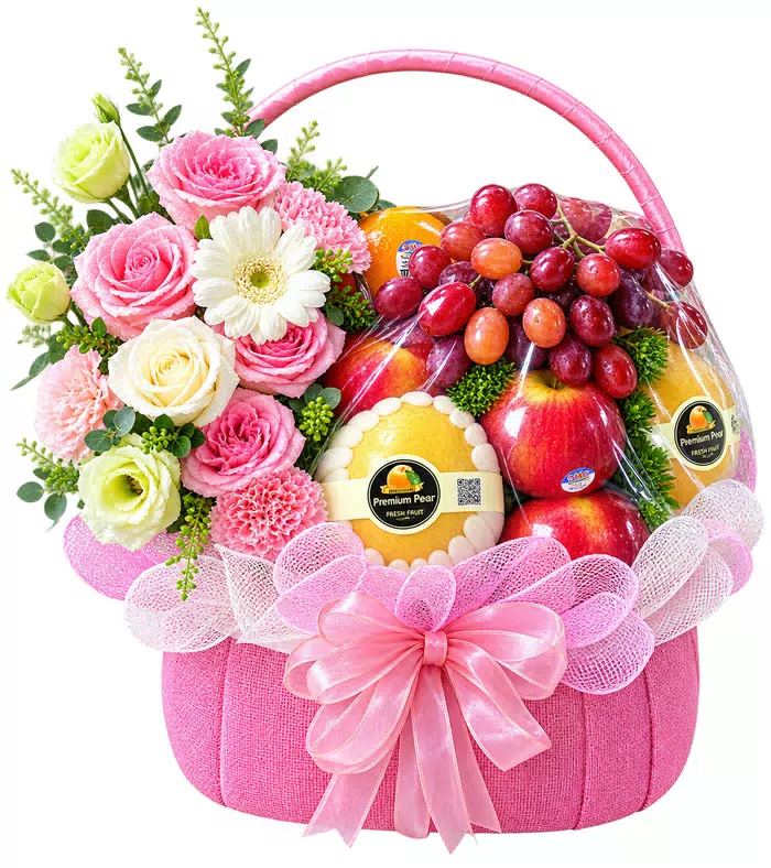 Giỏ trái cây hoa hồng phấn, lưới và nơ hồng