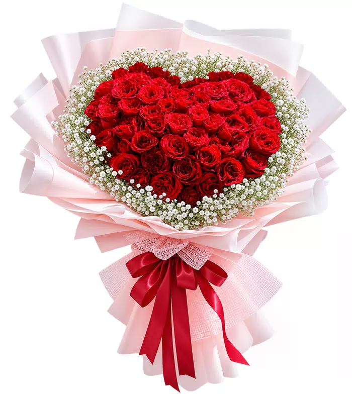 Bó hồng đỏ trái tim, nơ đỏ sẫm