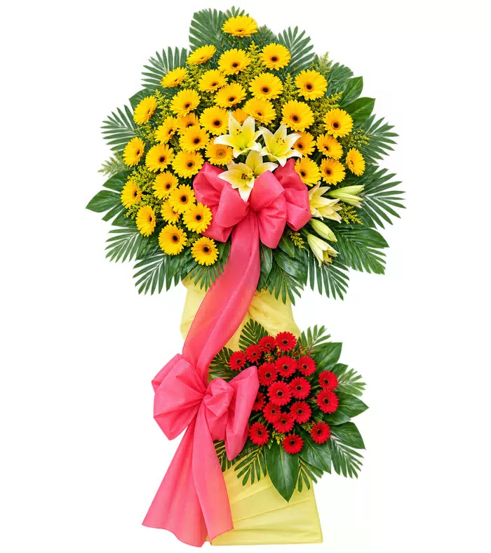 Kệ khai trương hướng dương hai tầng, lá xanh và nơ hồng