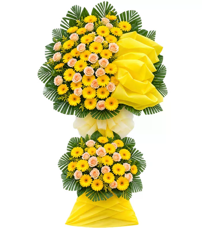 Kệ khai trương đồng tiền vàng hồng, lá xanh và nơ vàng bản lớn