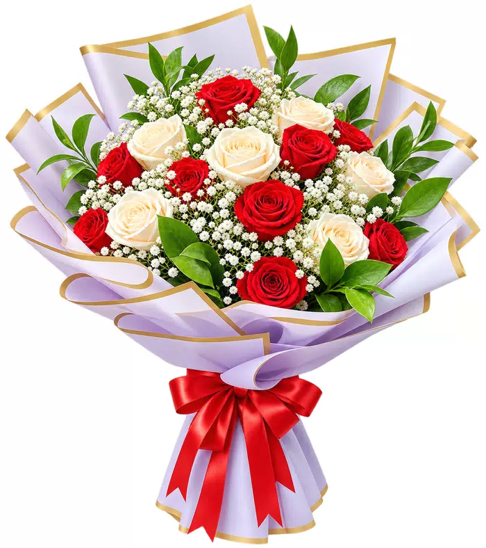 Bó hồng đỏ kem gói trắng