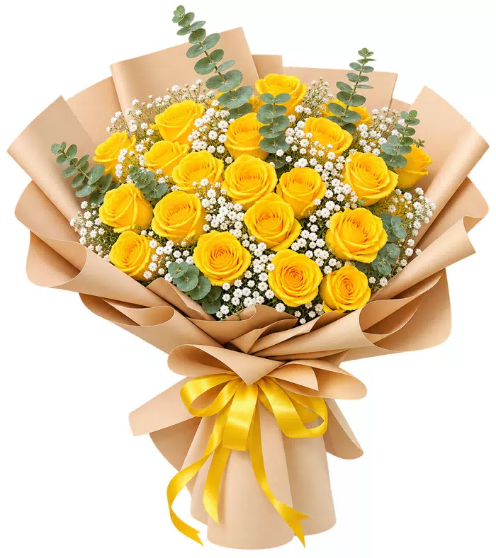 Bó hồng vàng, giấy kraft, nơ vàng