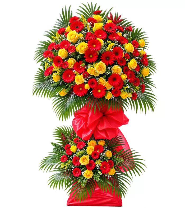 Kệ khai trương đỏ vàng hai tầng, giấy và nơ đỏ