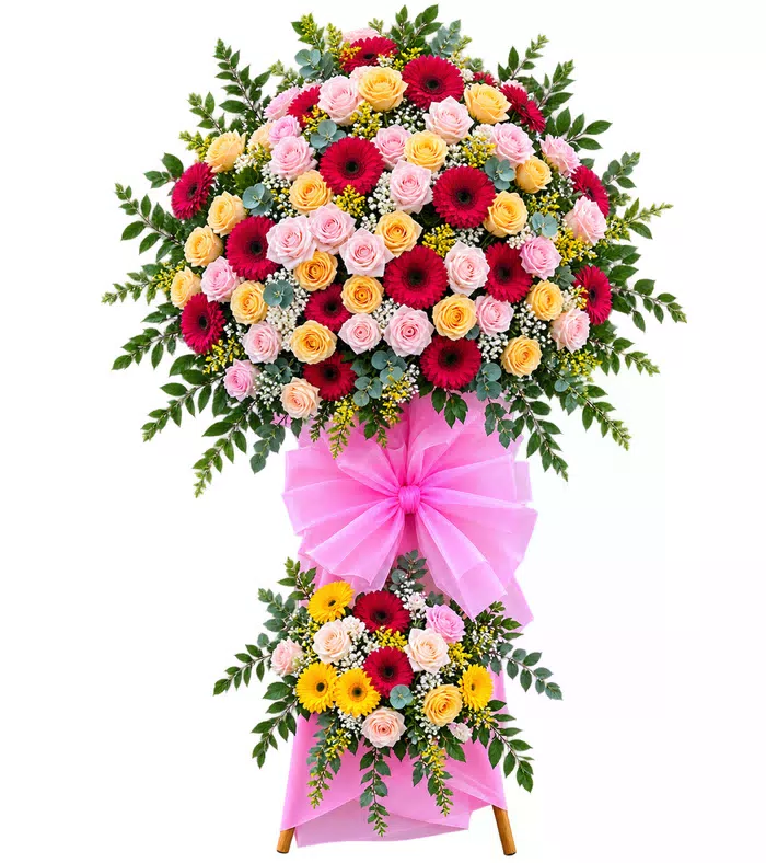 Kệ khai trương hồng phấn hai tầng, nơ hồng