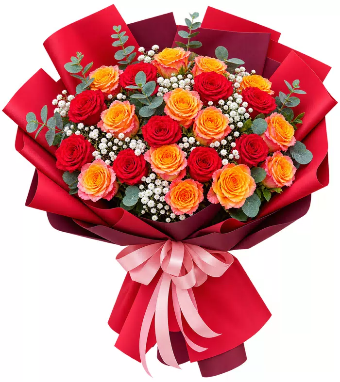 Bó hồng đỏ cam, giấy đỏ