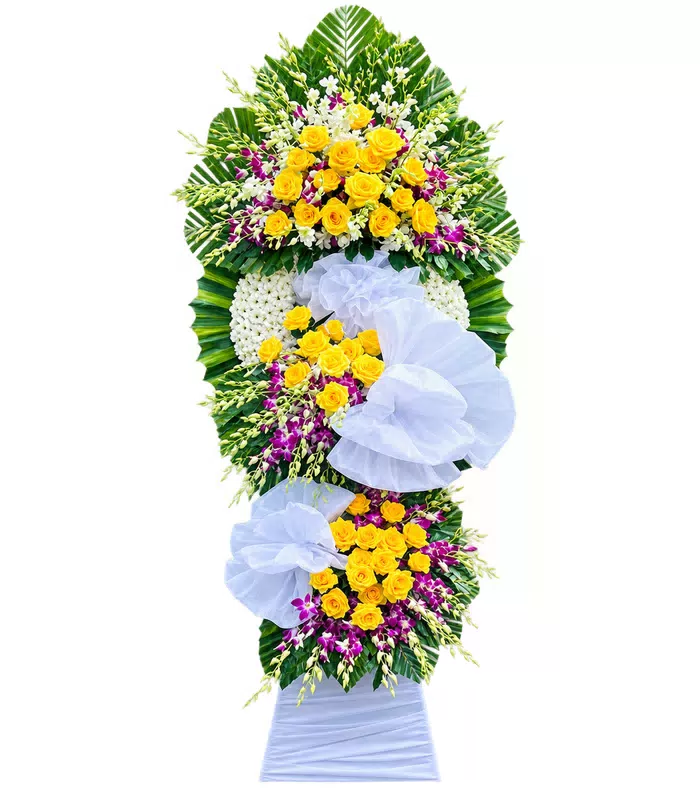 Kệ hoa viếng vàng tím, vòng viếng trắng