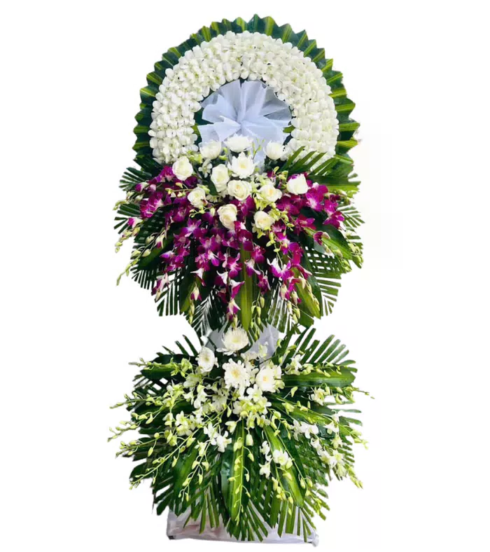 Kệ hoa viếng trắng tím, hoa cúc trắng và lan tím