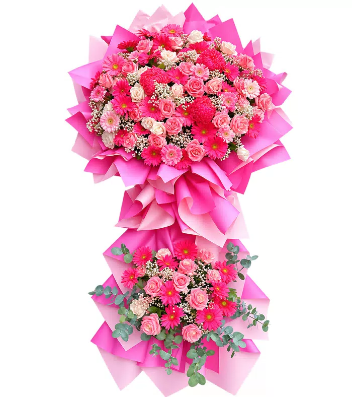 Kệ khai trương hồng phấn hai tầng, giấy xếp hồng và nơ hồng