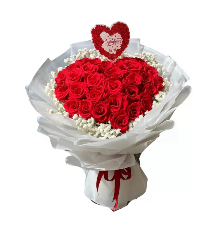 Bó hồng đỏ tròn gói trắng