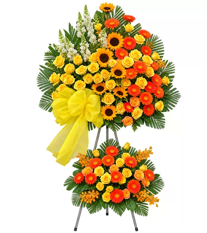 Kệ khai trương vàng cam hai tầng, lá xanh và nơ vàng