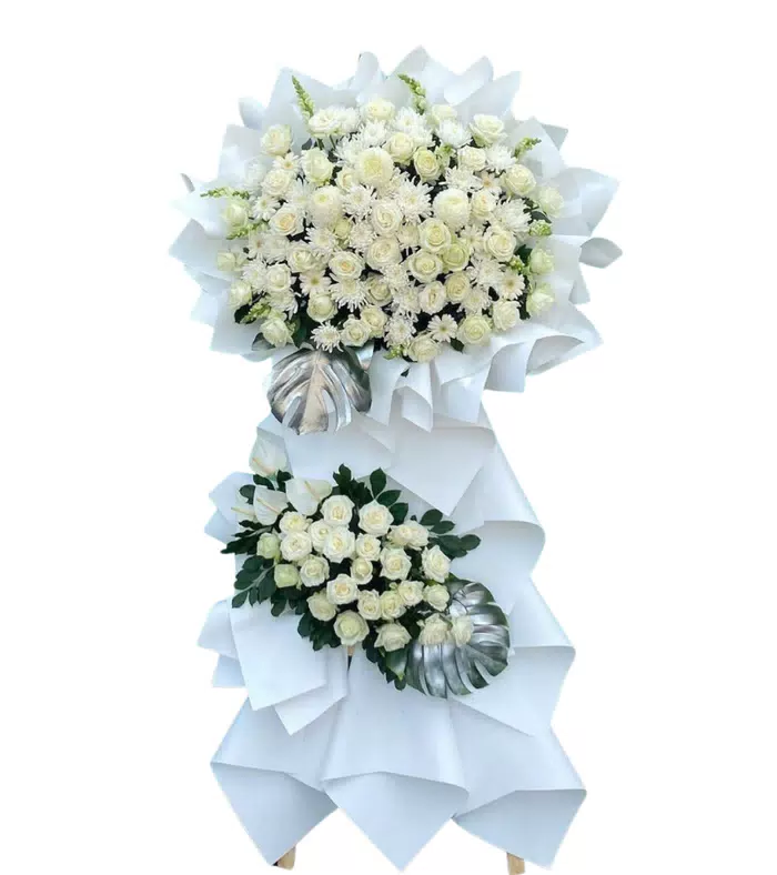Kệ hoa viếng trắng xanh, hoa hồng trắng