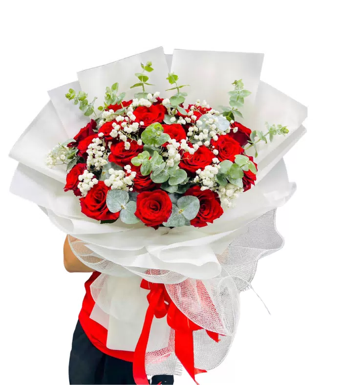 Bó hồng đỏ điểm hoa trắng, nơ đỏ dài