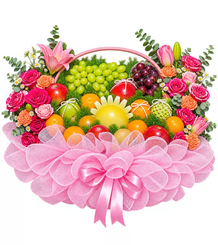 Giỏ trái cây hoa hồng, lưới và nơ hồng
