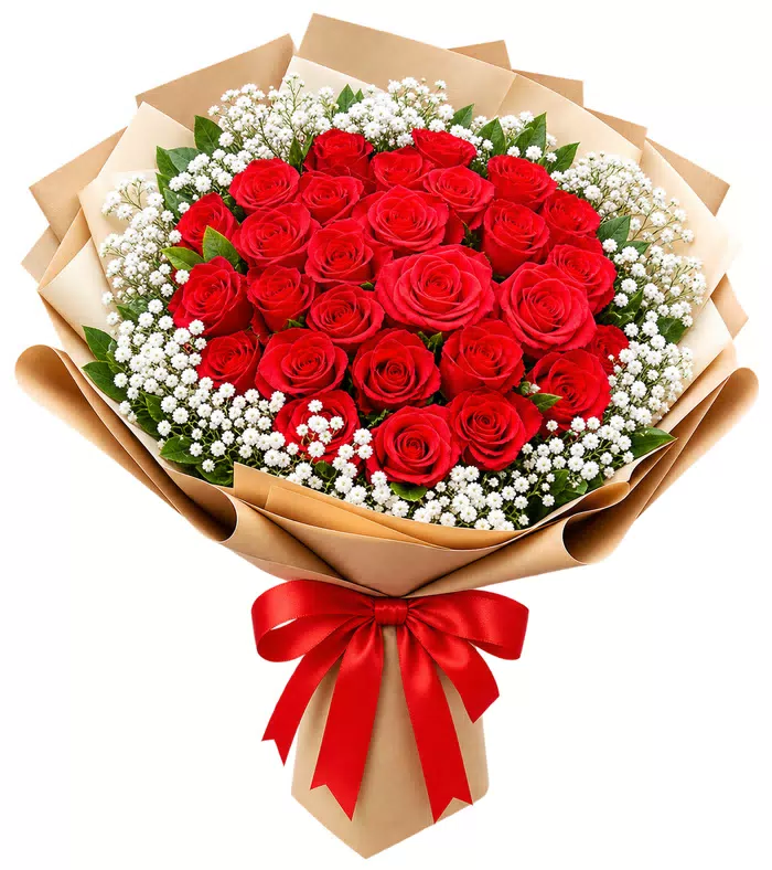 Bó hồng đỏ, giấy kraft, nơ đỏ