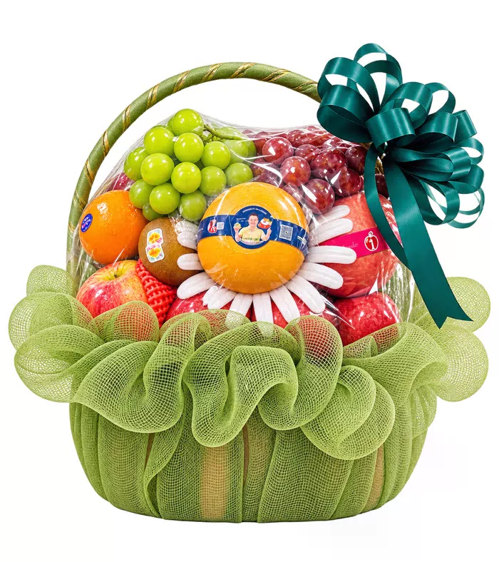 Giỏ trái cây nơ xanh đậm, quả có múi và lưới xanh