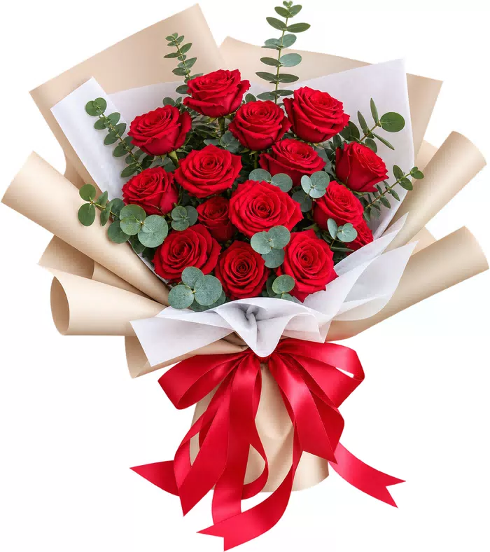 Bó hồng đỏ, giấy kem, nơ đỏ