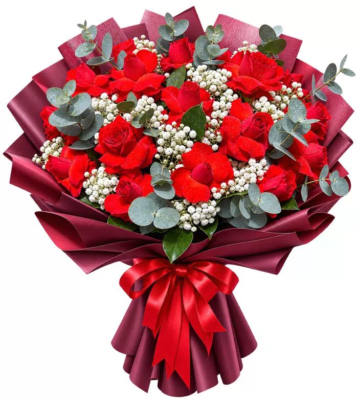 Bó hồng đỏ phối lá bạc, nơ đỏ