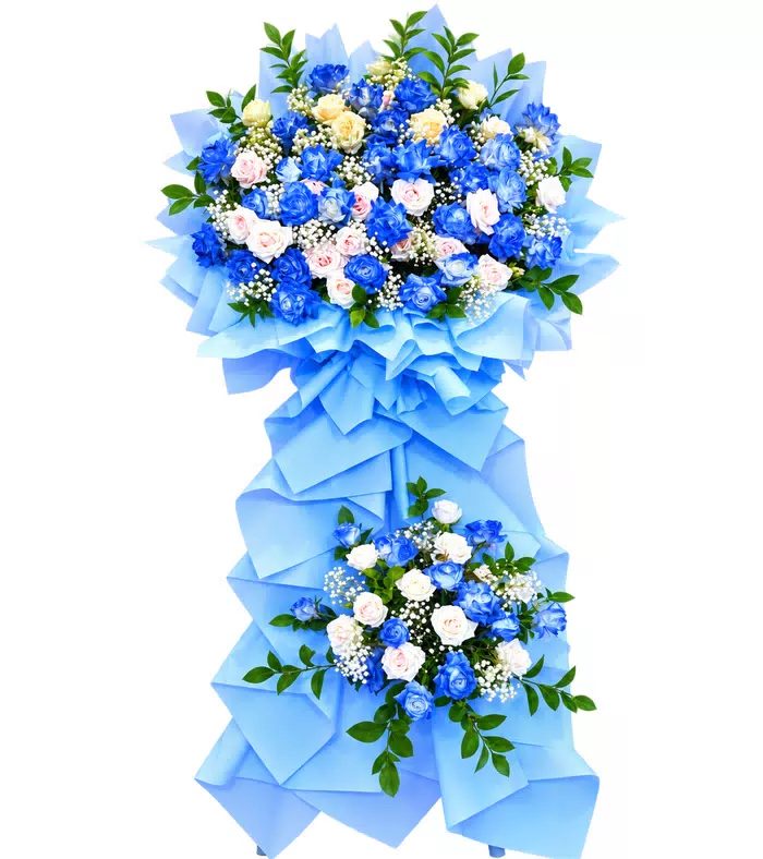 Kệ khai trương xanh trắng hai tầng, giấy xếp xanh