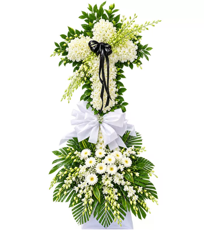 Kệ hoa viếng chữ thập nơ đen