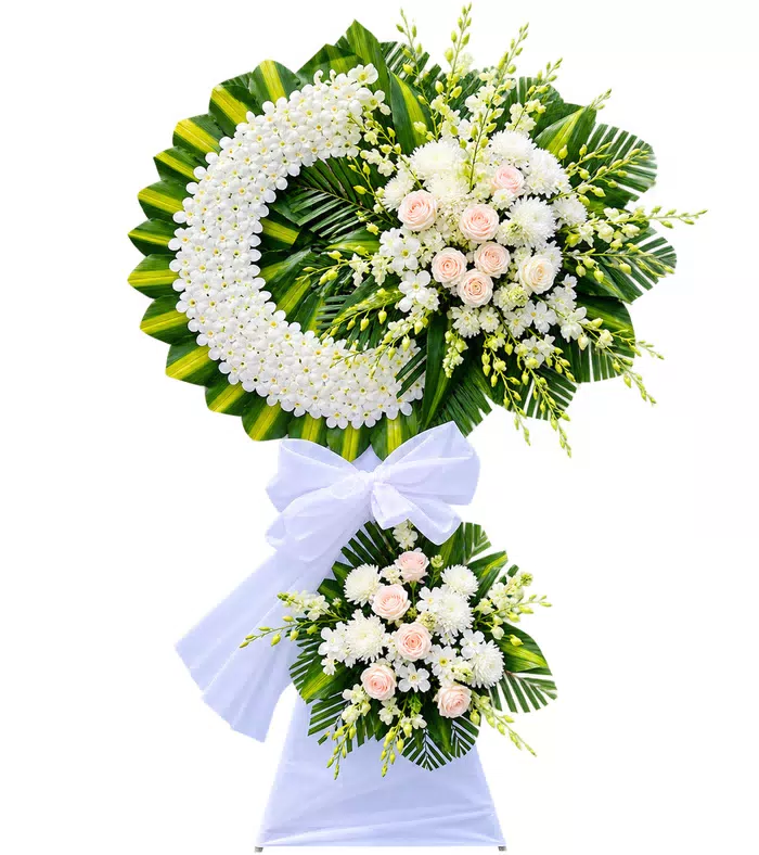 Kệ hoa viếng hồng phấn trắng, vòng viếng lệch bên