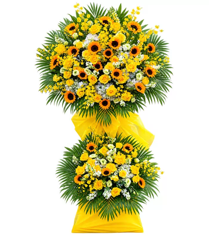 Kệ khai trương hướng dương hai tầng, lá xanh và chân kệ bọc vàng