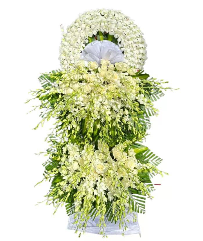 Kệ hoa viếng trắng xanh, hoa cúc trắng và lan trắng