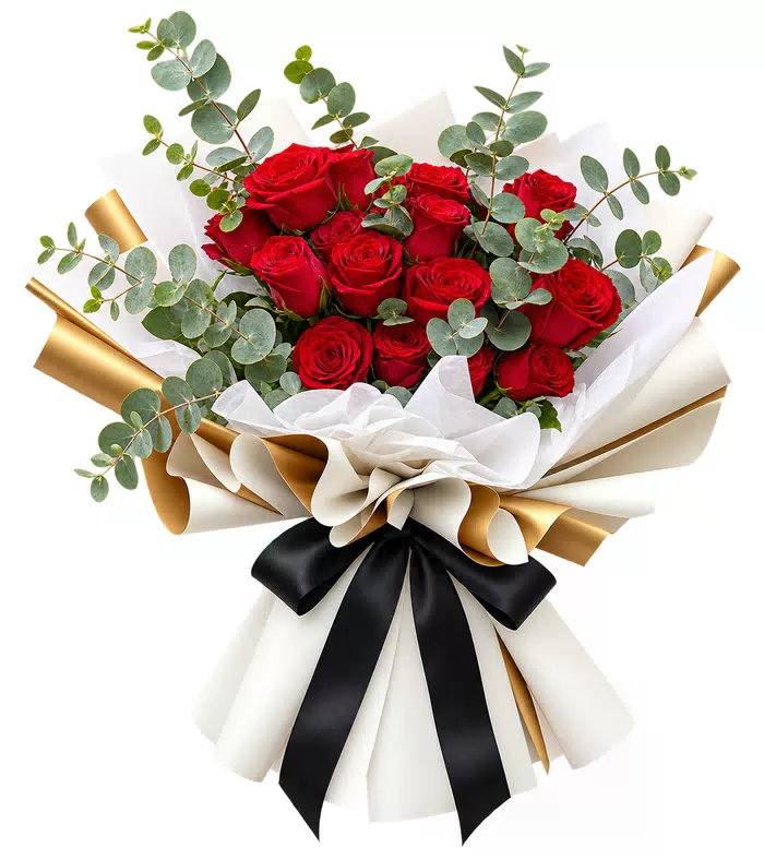 Bó hồng đỏ nơ đen